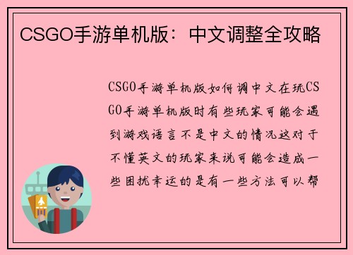 CSGO手游单机版：中文调整全攻略